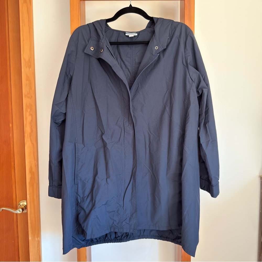 PURE J. JILL Navy Rain Coat Jacket Lightweight Zip-Up Hood Medium
